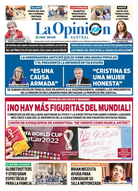 Diario La Opinión Austral tapa edición impresa del jueves 25 de agosto