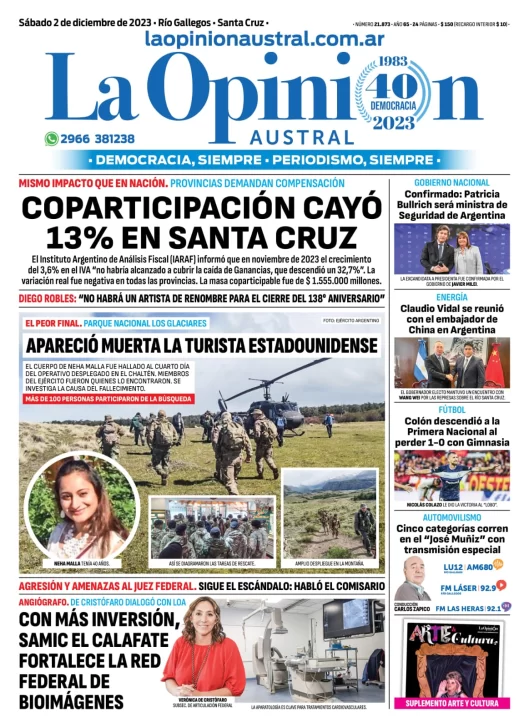 Diario La Opinión Austral tapa edición impresa del sábado 2 de