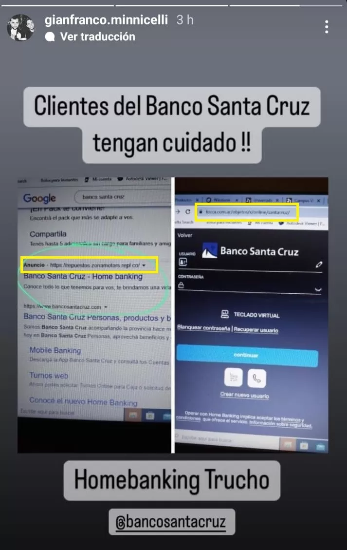 Alerta por sitio web falso de homebanking del Banco Santa Cruz