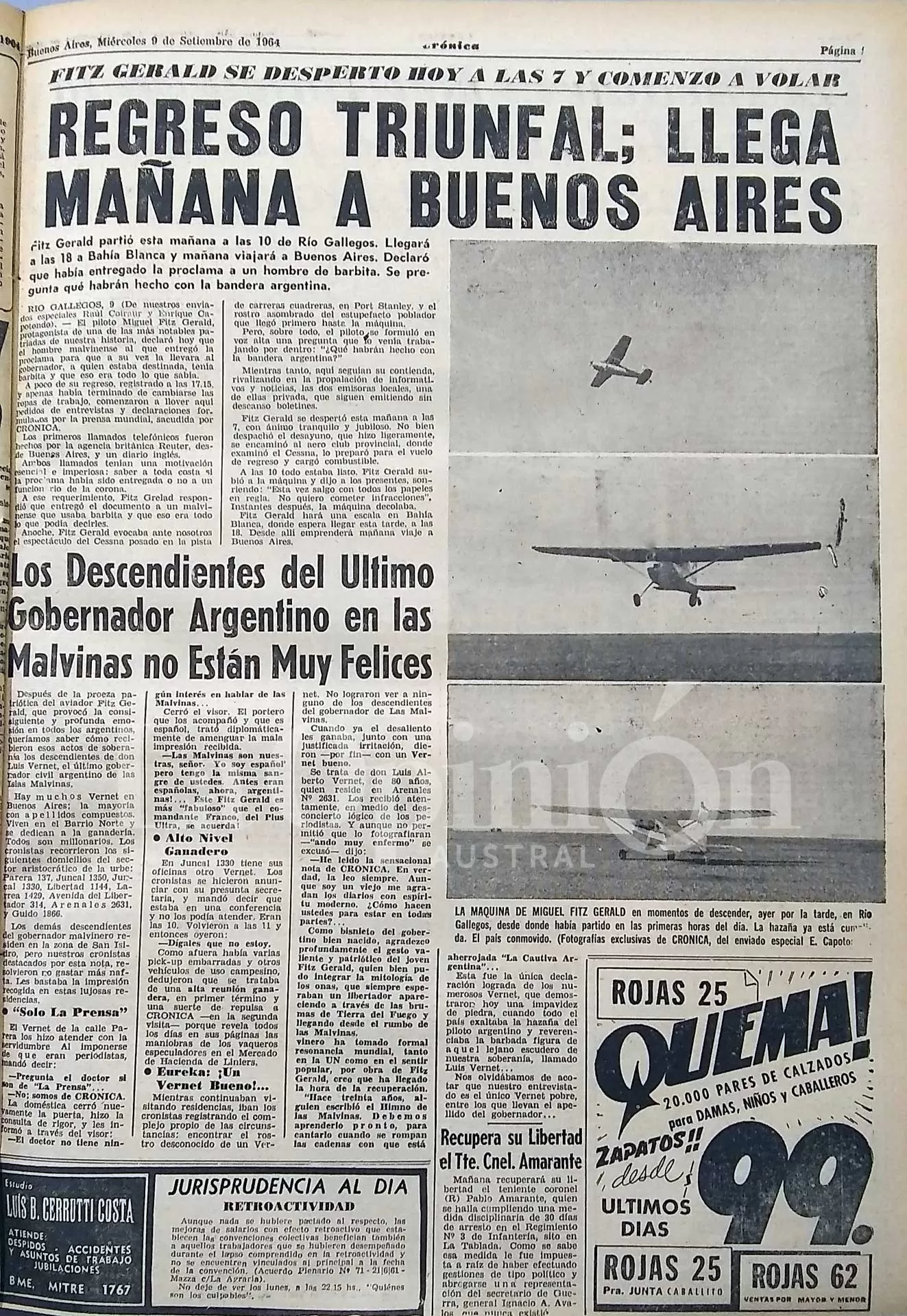 Titular del Diario Crónica del 9 de septiembre de 1964 sobre Fitzgerald: "Regreso triunfal, llega mañana a Buenos Aires". FOTO: DIARIO CRÓNICA