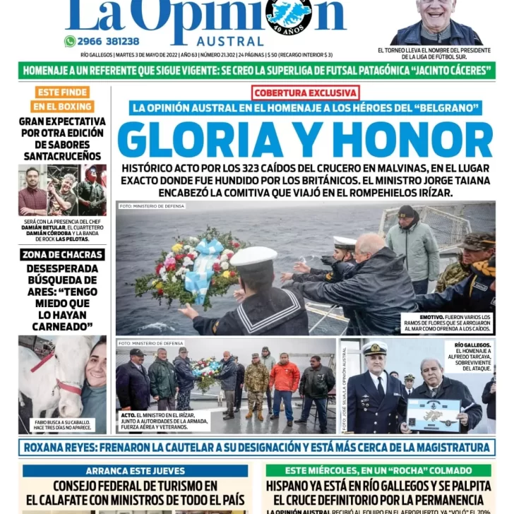 Diario La Opinión Austral tapa edición impresa del martes 3 de mayo de 2022 Río Gallegos, Santa Cruz, Argentina