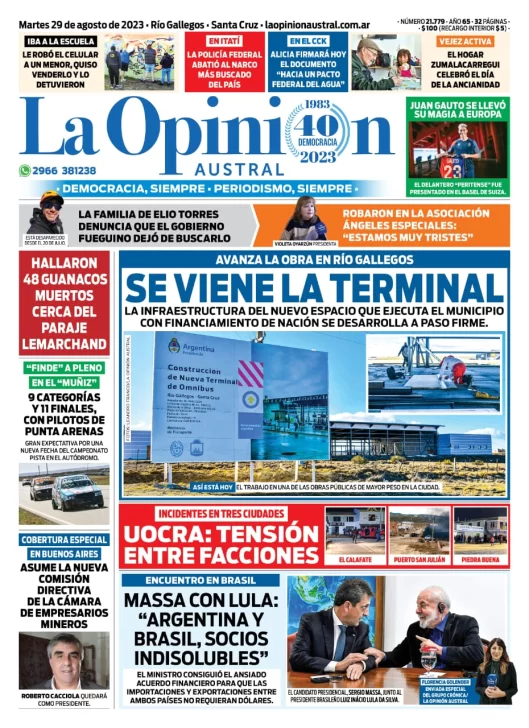 Diario La Opinión Austral tapa edición impresa del martes 29 de agosto de 2023, Río Gallegos, Santa Cruz, Argentina