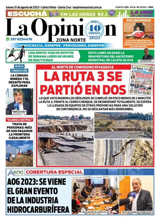 Diario La Opinión Zona Norte tapa edición impresa del jueves 31 de agosto de 2023, Caleta Olivia, Santa Cruz, Argentina