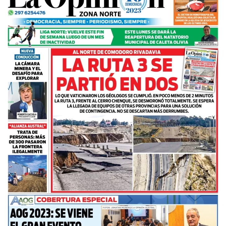 Diario La Opinión Zona Norte tapa edición impresa del jueves 31 de agosto de 2023, Caleta Olivia, Santa Cruz, Argentina