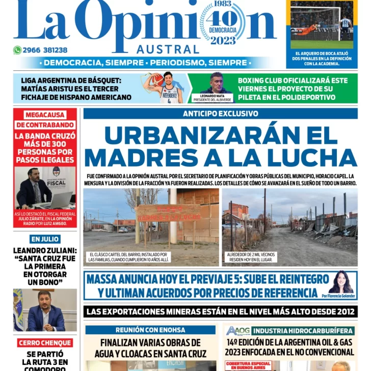 Diario La Opinión Austral tapa edición impresa del jueves 31 de agosto de 2023, Río Gallegos, Santa Cruz, Argentina