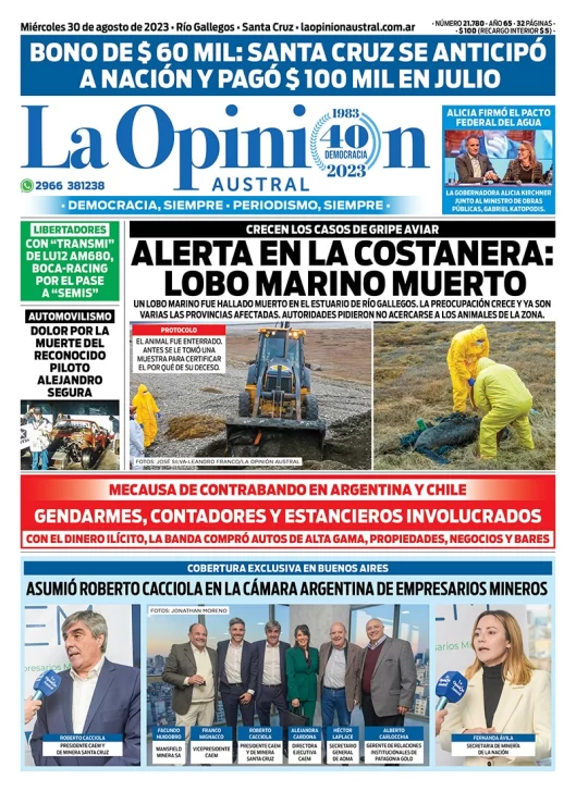 Diario La Opinión Austral tapa edición impresa del miércoles 30 de agosto de 2023, Río Gallegos, Santa Cruz, Argentina