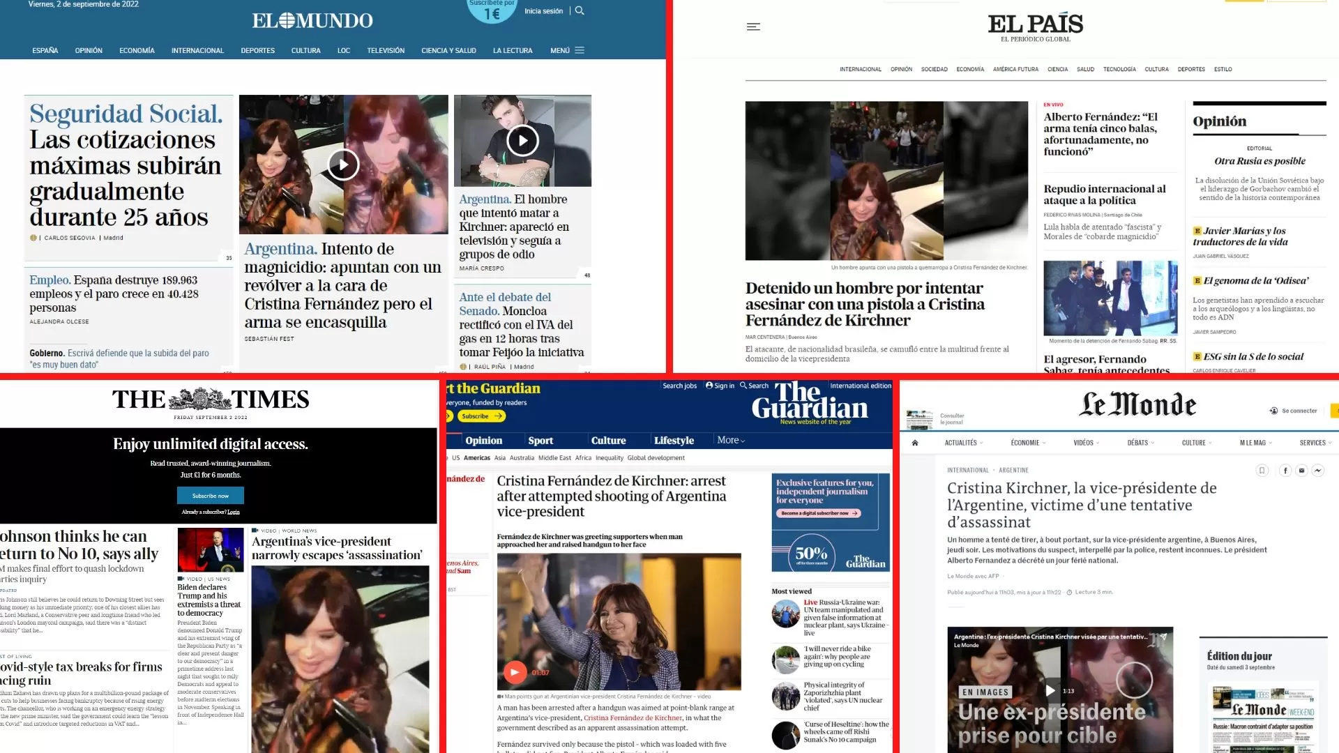 Los títulos de los principales diarios del mundo sobre el intento de magnicidio a Cristina Kirchner