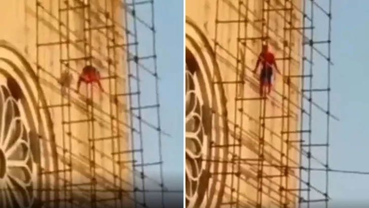 Video. Spider-Man apareció en Chaco trepando los andamios de una Catedral