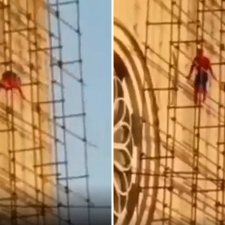 Video. Spider-Man apareció en Chaco trepando los andamios de una Catedral