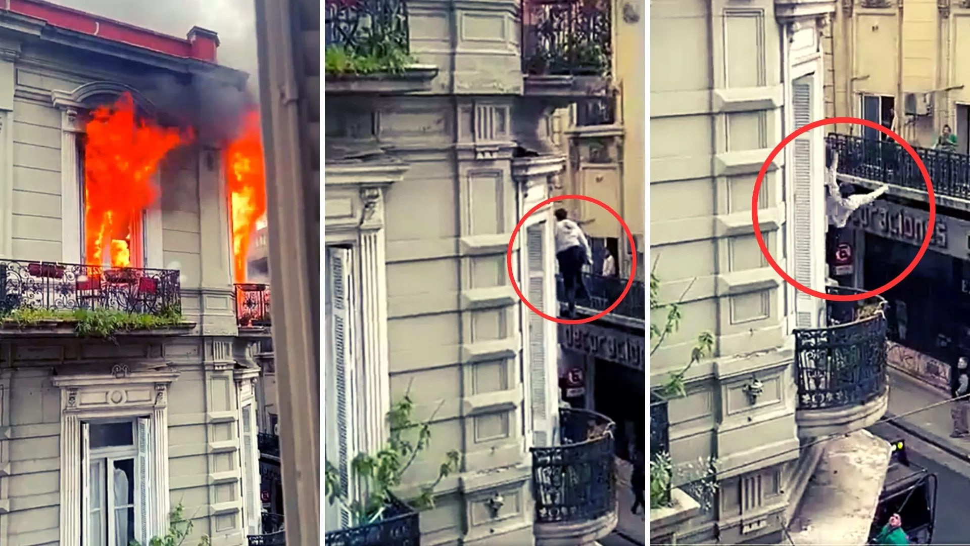 Video. Una mujer de 65 años se colgó de un cable para escapar del incendio de su departamento