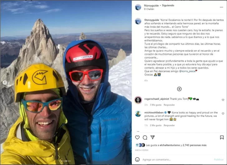 El escalador Tomás Aguiló publicó fotos con Korra Pesce en el Cerro Torre: “Los sueños a veces nos cuestan caro”