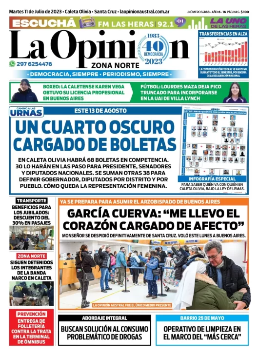 Diario La Opinión Zona Norte tapa edición impresa del martes 11 de julio de 2023, Caleta Olivia, Santa Cruz, Argentina