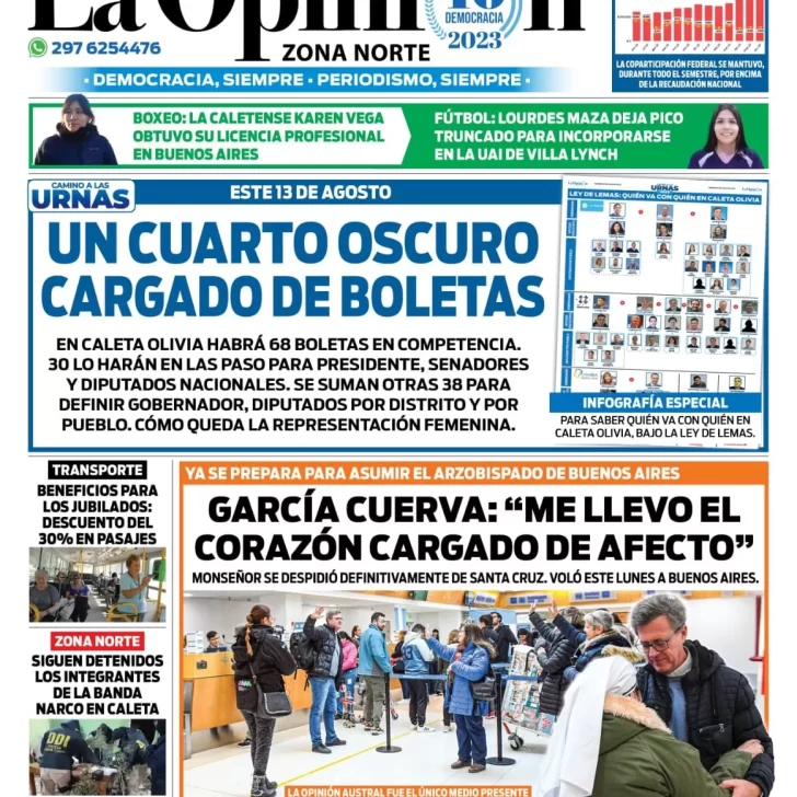 Diario La Opinión Zona Norte tapa edición impresa del martes 11 de julio de 2023, Caleta Olivia, Santa Cruz, Argentina