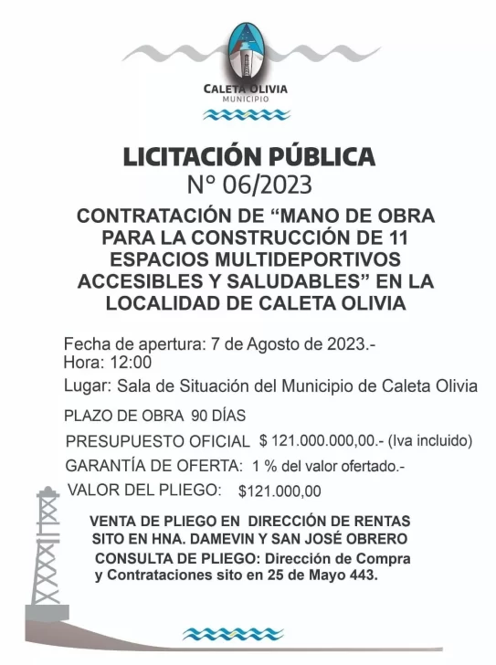El Municipio de Caleta Olivia llama a Licitación Pública N° 06/2023