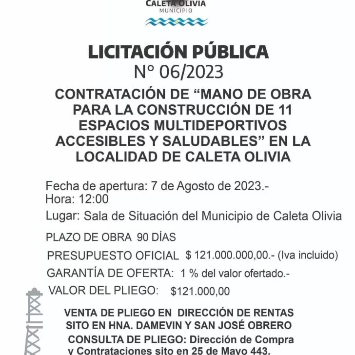 El Municipio de Caleta Olivia llama a Licitación Pública N° 06/2023