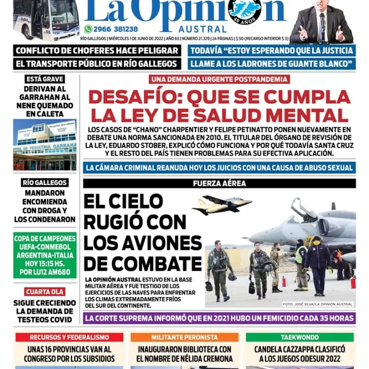 Diario La Opinión Austral tapa edición impresa del miércoles 1 de junio de 2022 Río Gallegos, Santa Cruz, Argentina Diario La Opinión Austral tapa edición impresa del miércoles 1 de junio de 2022 Río Gallegos, Santa Cruz, Argentina