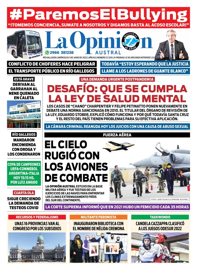 Diario La Opinión Austral tapa edición impresa del miércoles 1 de junio de 2022 Río Gallegos, Santa Cruz, Argentina Diario La Opinión Austral tapa edición impresa del miércoles 1 de junio de 2022 Río Gallegos, Santa Cruz, Argentina
