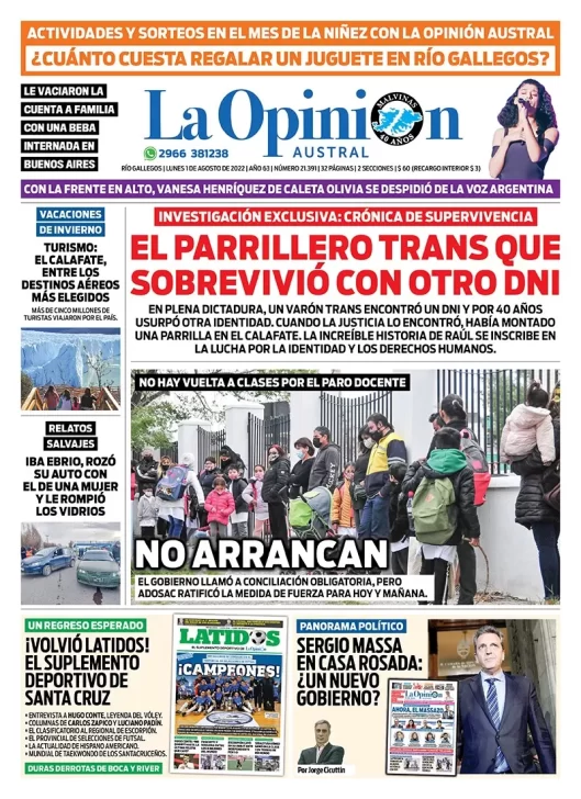 Diario La Opinión Austral tapa edición impresa del lunes 1 de agosto de 2022 Río Gallegos, Santa Cruz, Argentina