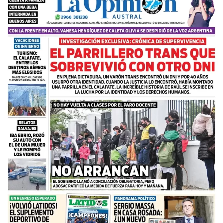 Diario La Opinión Austral tapa edición impresa del lunes 1 de agosto de 2022 Río Gallegos, Santa Cruz, Argentina