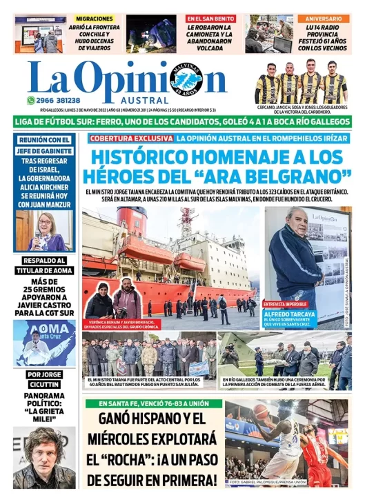 Diario La Opinión Austral tapa edición impresa del lunes 2 de mayo de 2022 Río Gallegos, Santa Cruz, Argentina