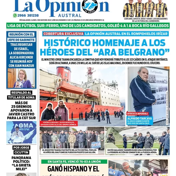 Diario La Opinión Austral tapa edición impresa del lunes 2 de mayo de 2022 Río Gallegos, Santa Cruz, Argentina