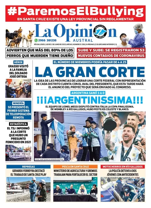 Diario La Opinión Austral tapa edición impresa del jueves 2 de junio de 2022 Río Gallegos, Santa Cruz, Argentina