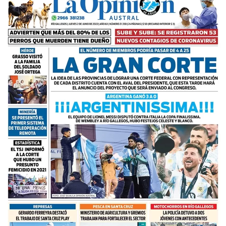 Diario La Opinión Austral tapa edición impresa del jueves 2 de junio de 2022 Río Gallegos, Santa Cruz, Argentina