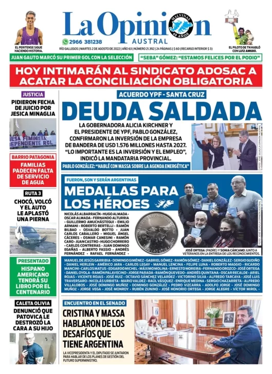 Diario La Opinión Austral tapa edición impresa del martes 2 de agosto de 2022 Río Gallegos, Santa Cruz, Argentina