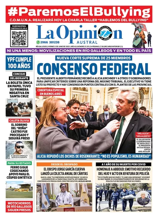 Diario La Opinión Austral tapa edición impresa del viernes 3 de junio de 2022 Río Gallegos, Santa Cruz, Argentina