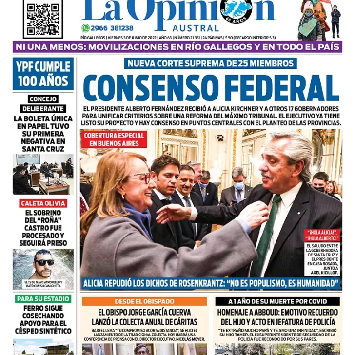 Diario La Opinión Austral tapa edición impresa del viernes 3 de junio de 2022 Río Gallegos, Santa Cruz, Argentina