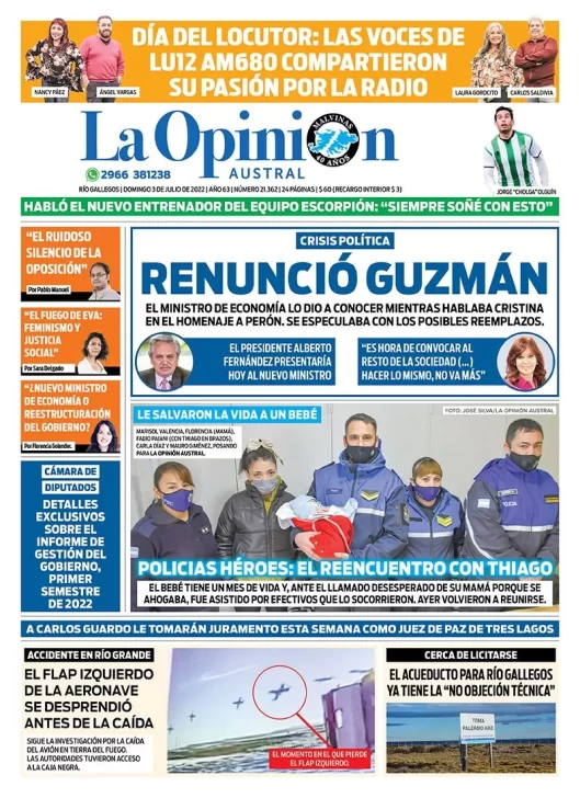 Diario La Opinión Austral tapa edición impresa del domingo 3 de julio de 2022 Río Gallegos, Santa Cruz, Argentina
