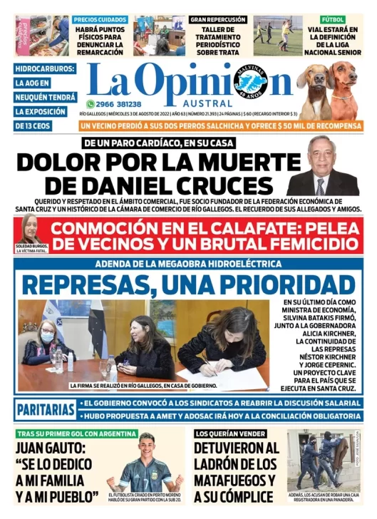 Diario La Opinión Austral tapa edición impresa del miércoles 3 de agosto de 2022 Río Gallegos, Santa Cruz, Argentina