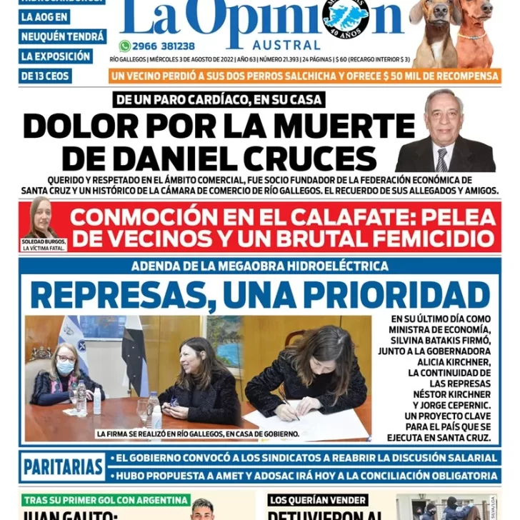 Diario La Opinión Austral tapa edición impresa del miércoles 3 de agosto de 2022 Río Gallegos, Santa Cruz, Argentina