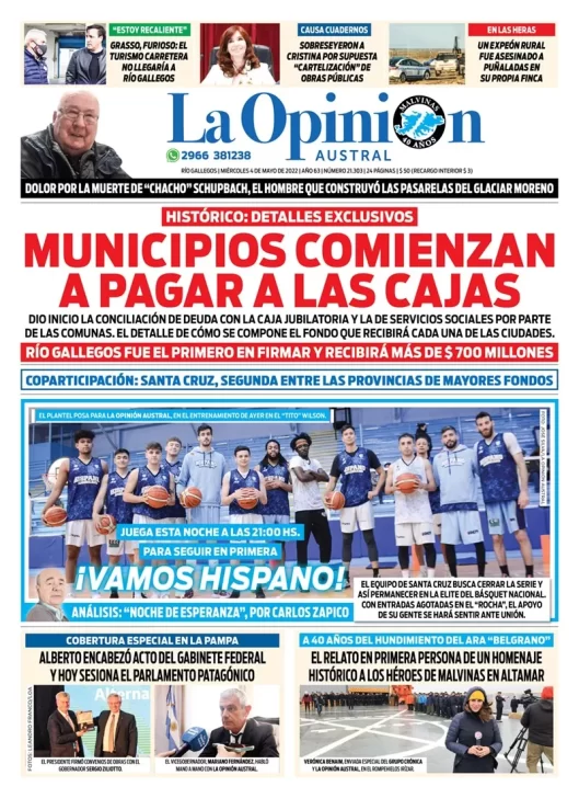 Diario La Opinión Austral tapa edición impresa del miércoles 4 de mayo de 2022 Río Gallegos, Santa Cruz, Argentina