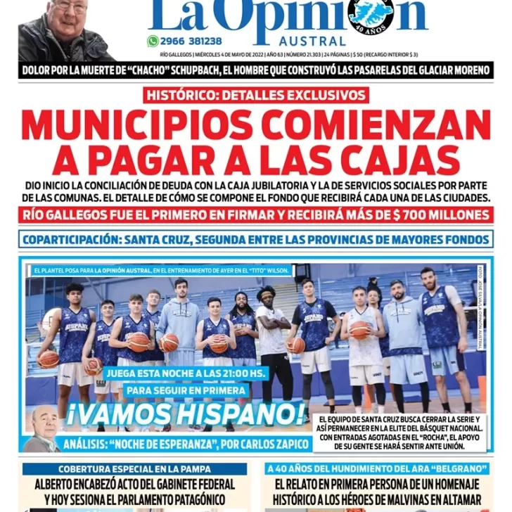 Diario La Opinión Austral tapa edición impresa del miércoles 4 de mayo de 2022 Río Gallegos, Santa Cruz, Argentina