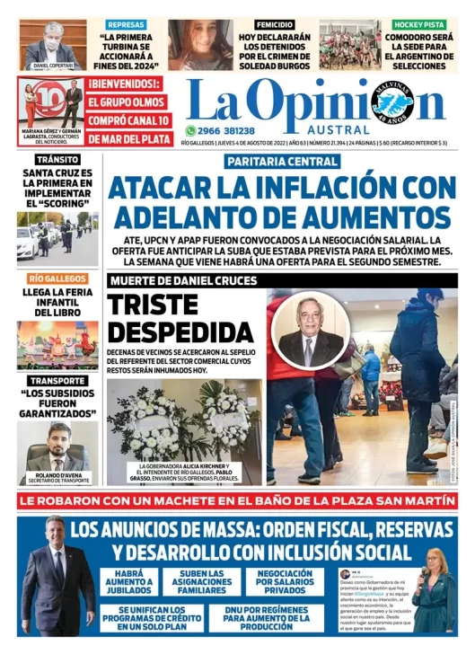 Diario La Opinión Austral tapa edición impresa del jueves 4 de agosto de 2022 Río Gallegos, Santa Cruz, Argentina
