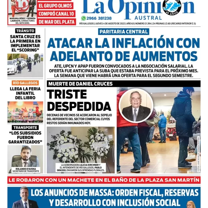 Diario La Opinión Austral tapa edición impresa del jueves 4 de agosto de 2022 Río Gallegos, Santa Cruz, Argentina