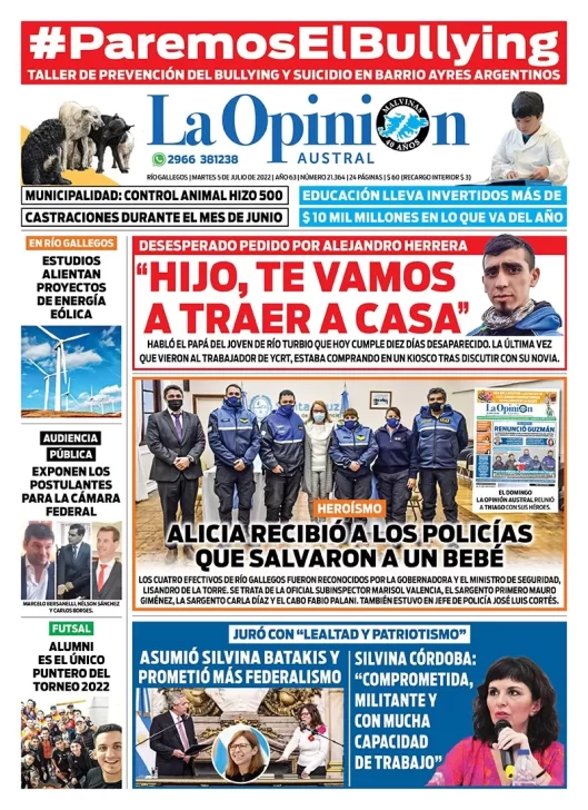 Diario La Opinión Austral tapa edición impresa del martes 5 de julio de 2022 Río Gallegos, Santa Cruz, Argentina