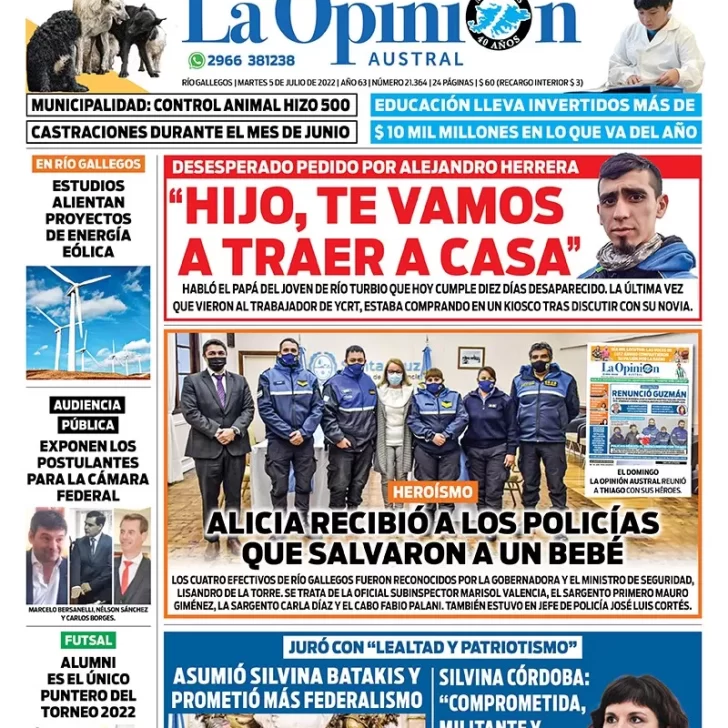Diario La Opinión Austral tapa edición impresa del martes 5 de julio de 2022 Río Gallegos, Santa Cruz, Argentina