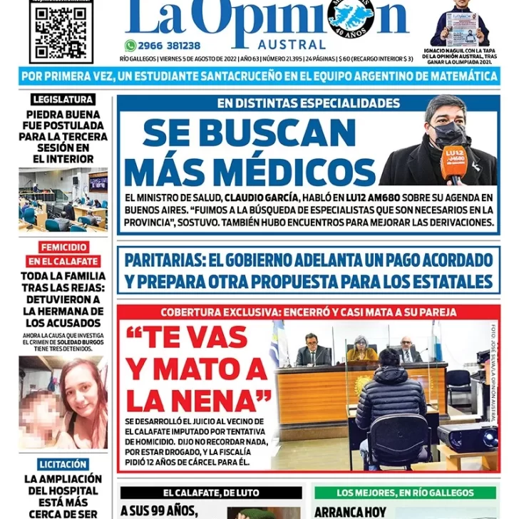 Diario La Opinión Austral tapa edición impresa del viernes 5 de agosto de 2022 Río Gallegos, Santa Cruz, Argentina