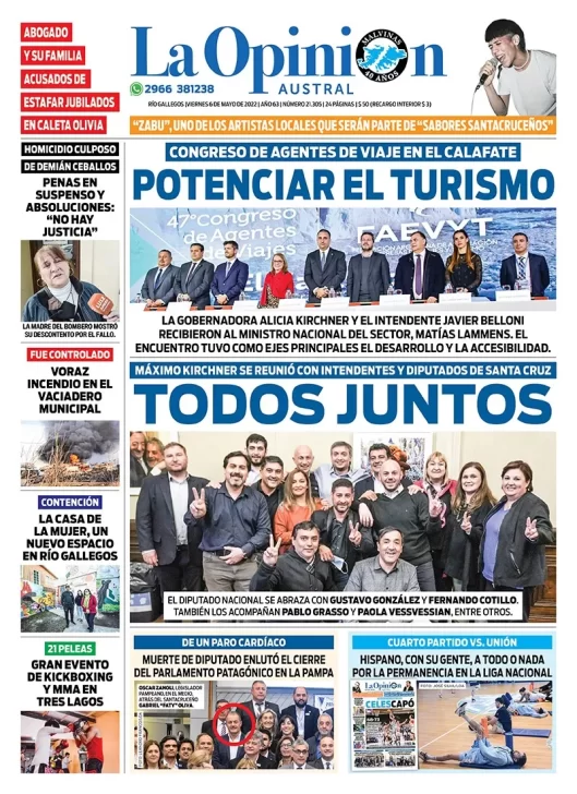 Diario La Opinión Austral tapa edición impresa del viernes 6 de mayo de 2022 Río Gallegos, Santa Cruz, Argentina