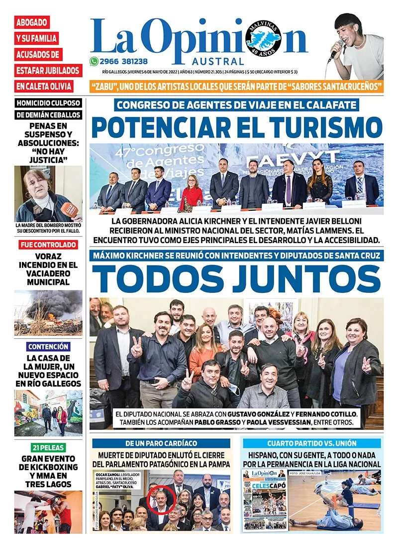 Diario La Opinión Austral tapa edición impresa del viernes 6 de mayo de 2022 Río Gallegos, Santa Cruz, Argentina