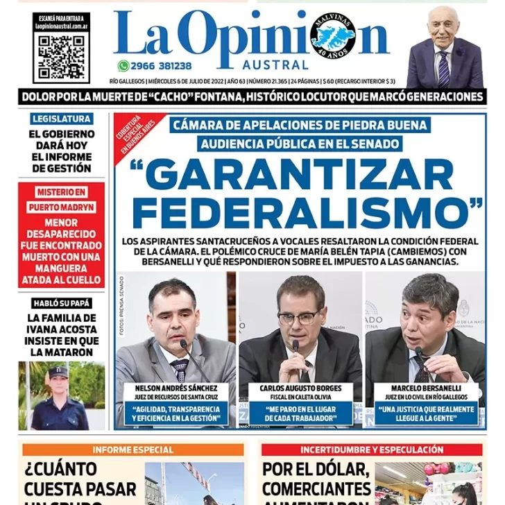 Diario La Opinión Austral tapa edición impresa del miércoles 6 de julio de 2022 Río Gallegos, Santa Cruz, Argentina