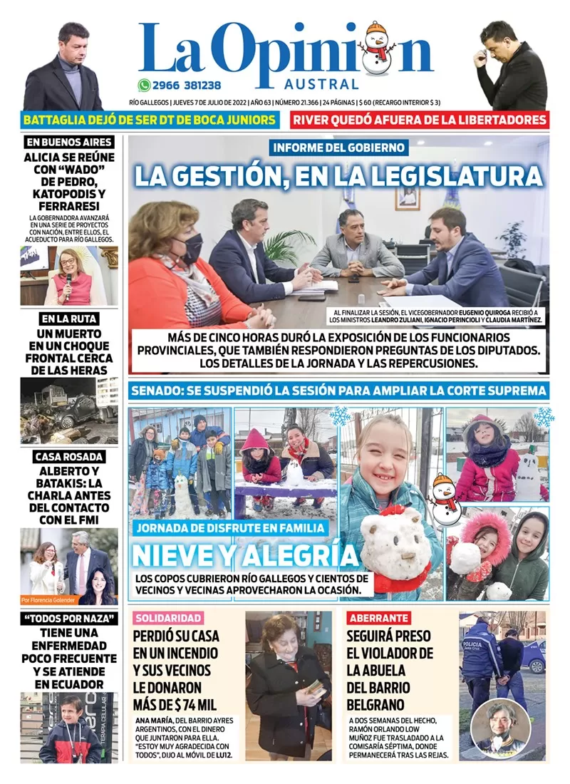 Diario La Opinión Austral tapa edición impresa del jueves 7 de julio de 2022 Río Gallegos, Santa Cruz, Argentina