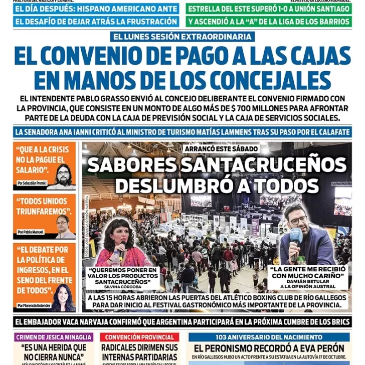 Diario La Opinión Austral tapa edición impresa del domingo 8 de mayo de 2022 Río Gallegos, Santa Cruz, Argentina