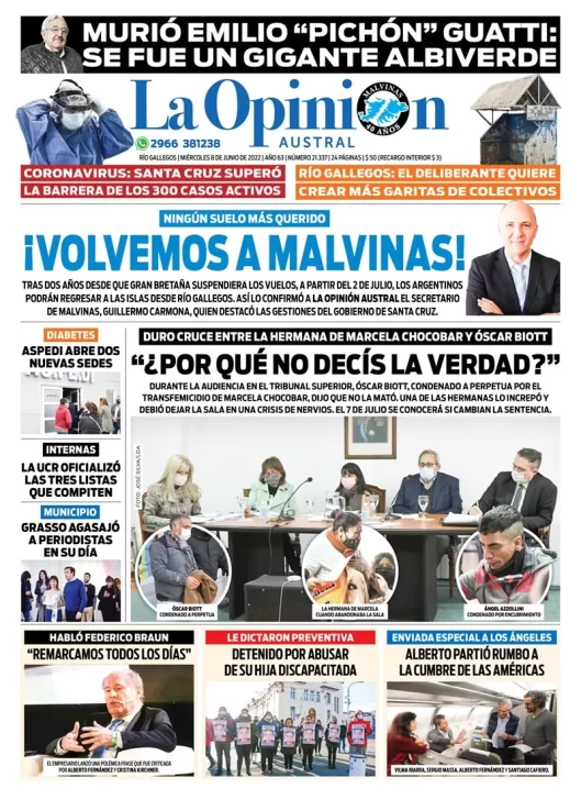 Diario La Opinión Austral tapa edición impresa del miércoles 8 de junio de 2022 Río Gallegos, Santa Cruz, Argentina