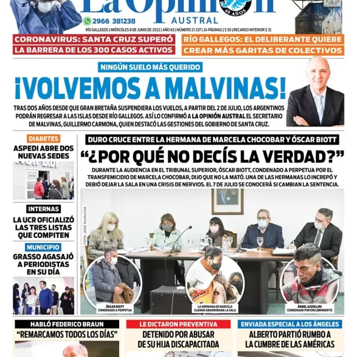 Diario La Opinión Austral tapa edición impresa del miércoles 8 de junio de 2022 Río Gallegos, Santa Cruz, Argentina