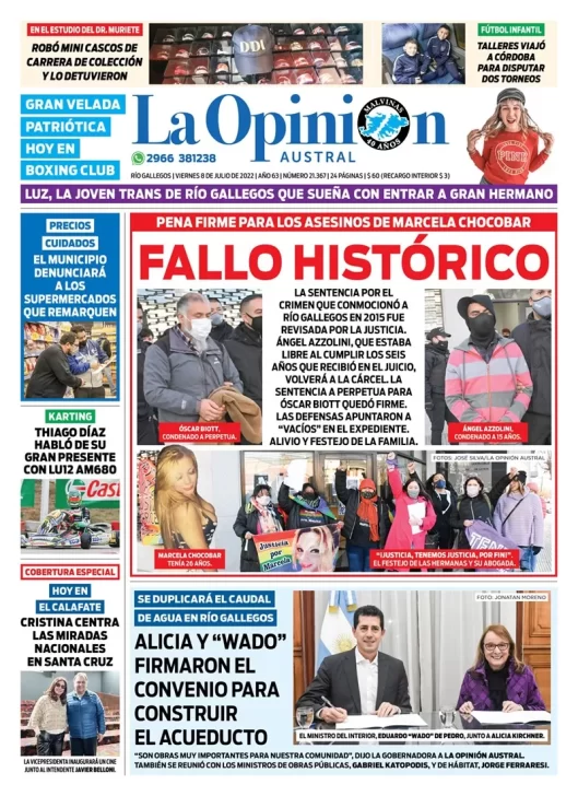Diario La Opinión Austral tapa edición impresa del viernes 8 de julio de 2022 Río Gallegos, Santa Cruz, Argentina