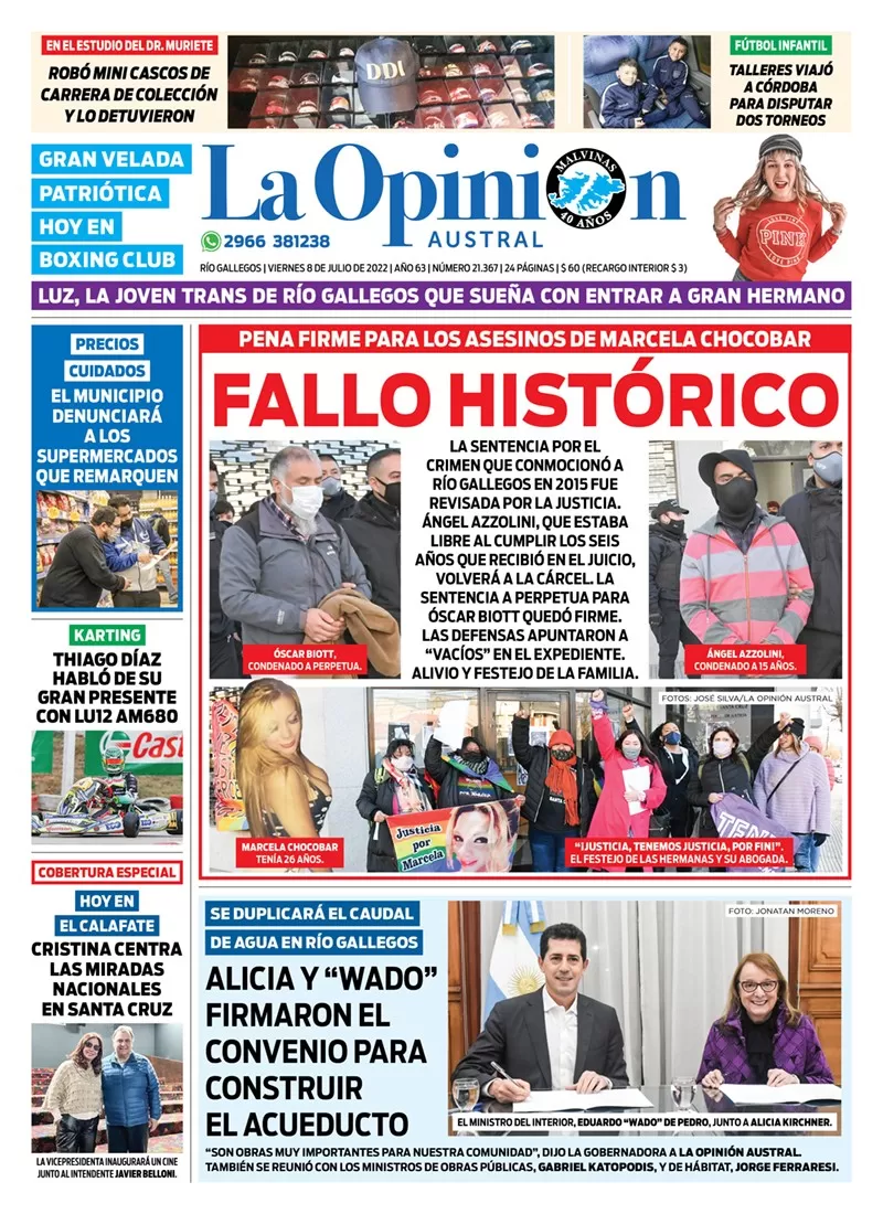Diario La Opinión Austral tapa edición impresa del viernes 8 de julio de 2022 Río Gallegos, Santa Cruz, Argentina