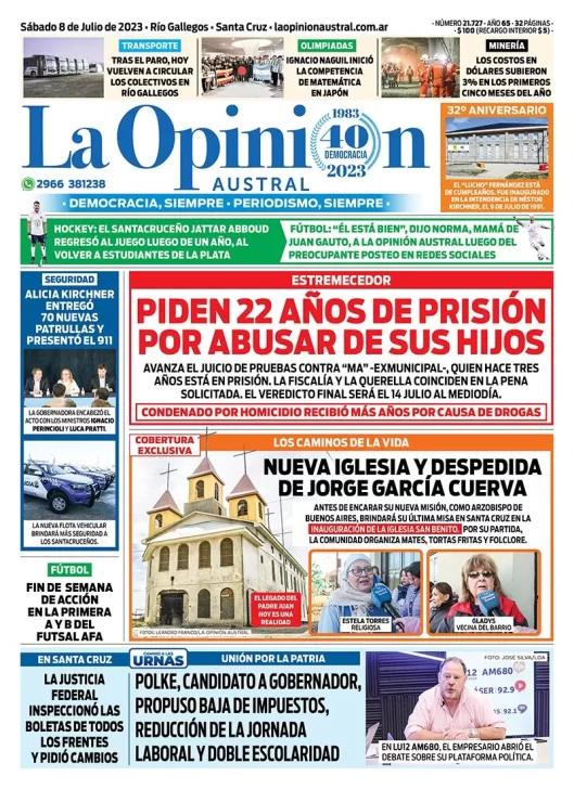 Diario La Opinión Austral tapa edición impresa del sábado 8 de julio de 2023, Río Gallegos, Santa Cruz, Argentina